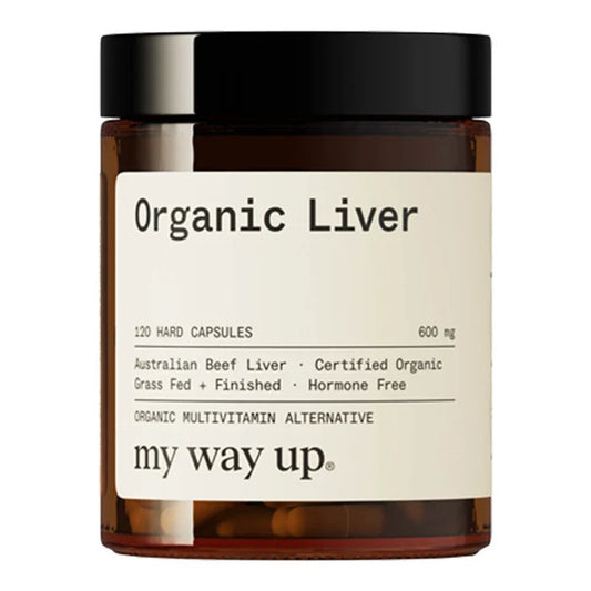 Jar of 'Organic Liver' capsules by 'my way up' on a white background