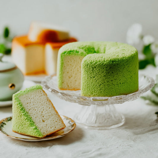 Green sponge cake on a glass cake stand with a slice on a plate, set against a neutral background.