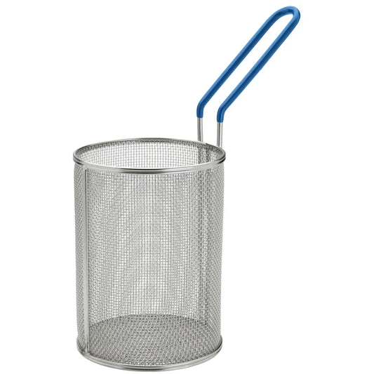 A silver stainless steel pasta basket with a blue plastic-coated handle.