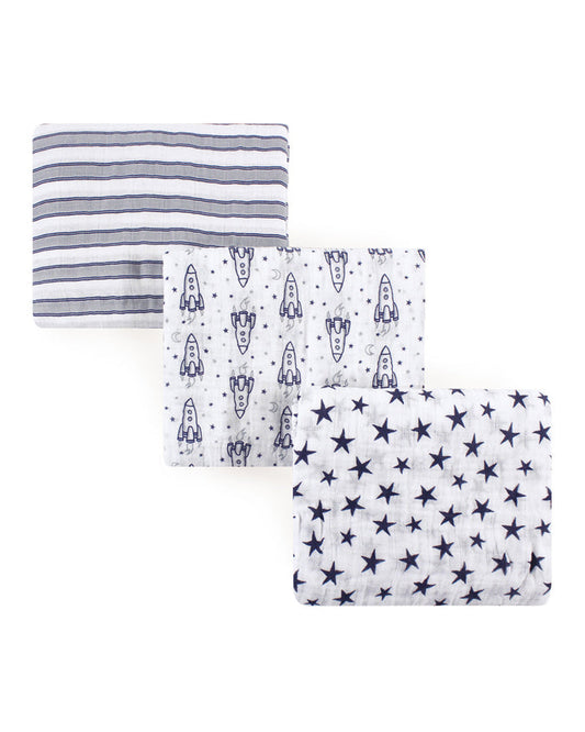 Baby muslin swaddle blanket 3-pack: striped, rocket ship print, navy star pattern