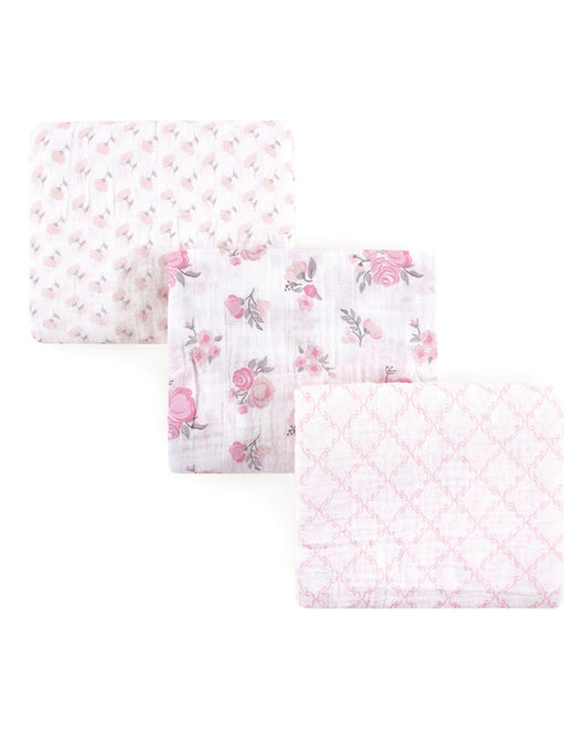 3-pack pastel muslin swaddle blankets with floral prints and pink diamond pattern