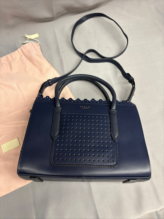 Radley Shoulder and Hand Bag Navy Blue Gold Metalwork Dustbag