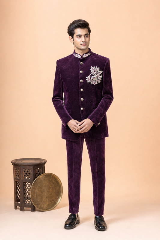 Royal Plum Purple Velvet Jodhpuri Suit for Men