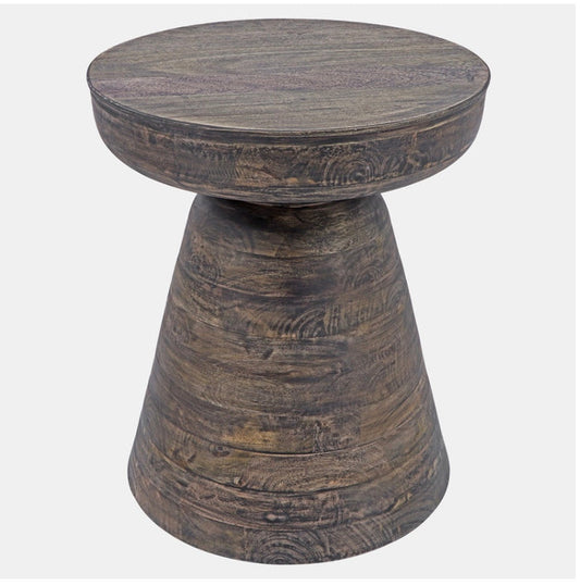 A round brown wood side table with a flat top and a cylindrical base.