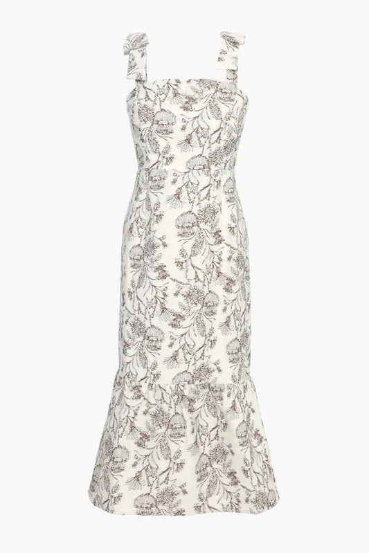 Selina cream mocha floral jacquard bow strap midi dress with flounce hem