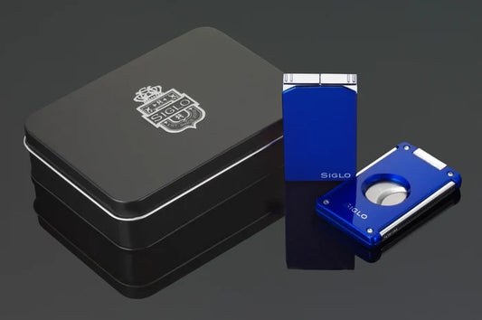 Siglo Set Blue Twin Single Torch and Soft Flame Lighter with Straight Cigar Cutter - 10012372D
