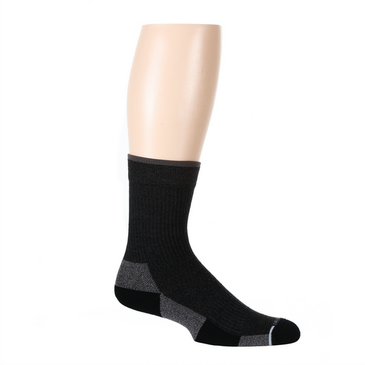 Black medium weight crew sock with ribbed texture and contrasting gray heel and toe sections.
