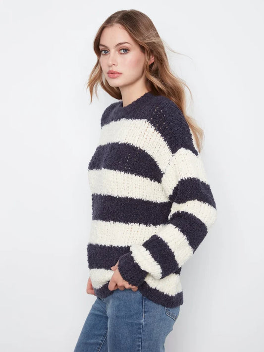 Striped Boucle L/S Crew Neck Sweater