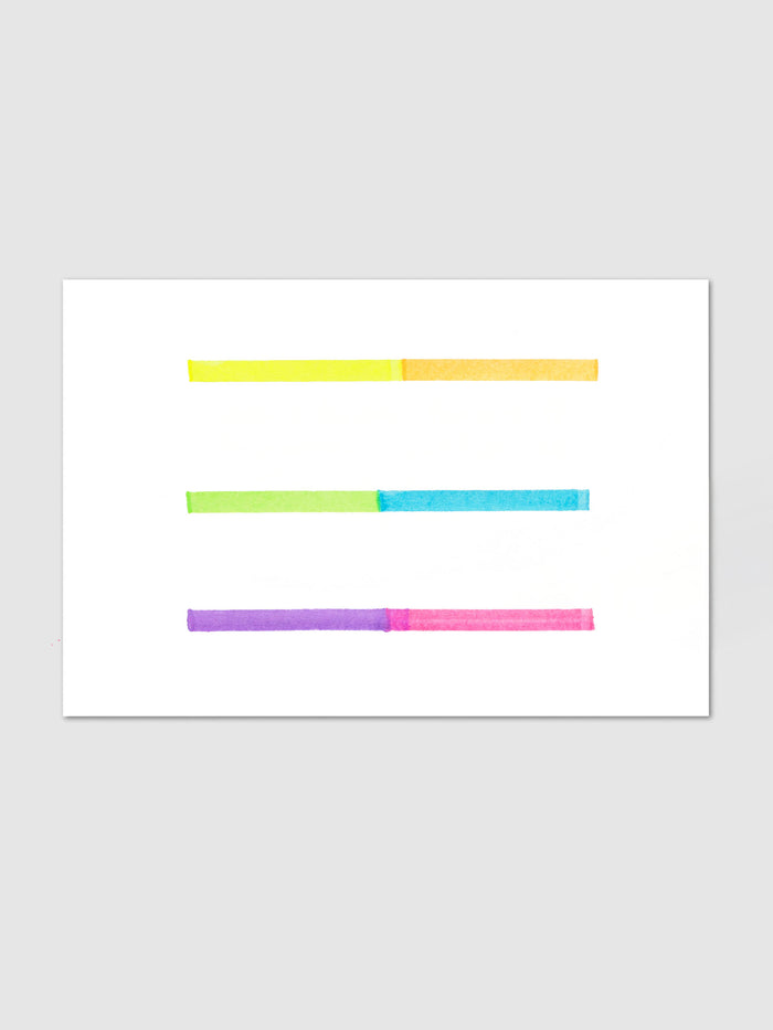 Tom's Studio Ori Refillable Highlighter ink swatches on white paper showing three horizontal strokes yellow to orange green to blue and purple to pink