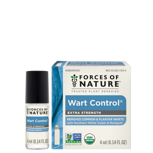 Front view of Wart Control Extra Strength 4ml rollerball bottle and box showing packaging on white background