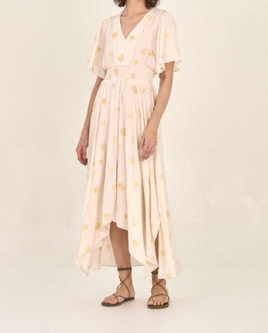 Watercolor floral maxi dress with flutter sleeves and asymmetrical hem front view