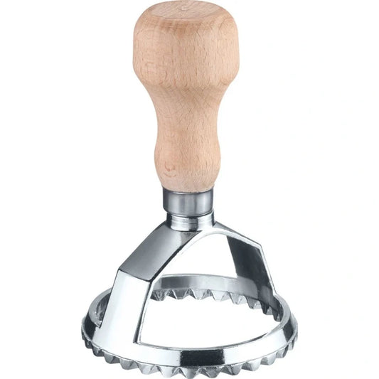 Metal Aurora pasta cutter with beech wood handle on a white background.
