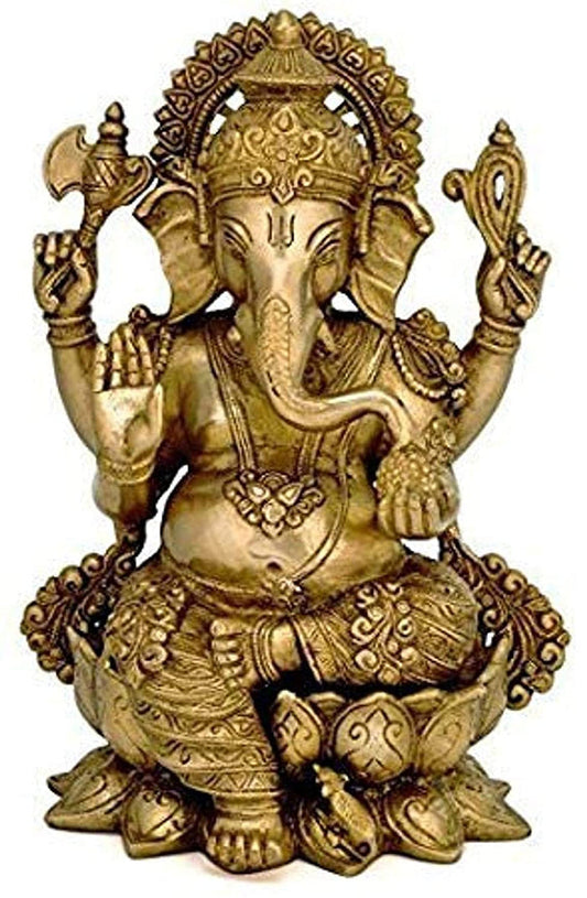 White Whale Brass Lord Ganesha Sitting On Lotus Statue Idol Home Decor Figurine (12 Inches)