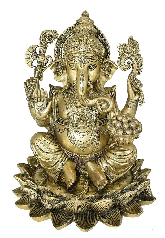White Whale Brass Lord Ganesha Sitting On Lotus Statue Idol Home Decor Figurine (12 Inches)