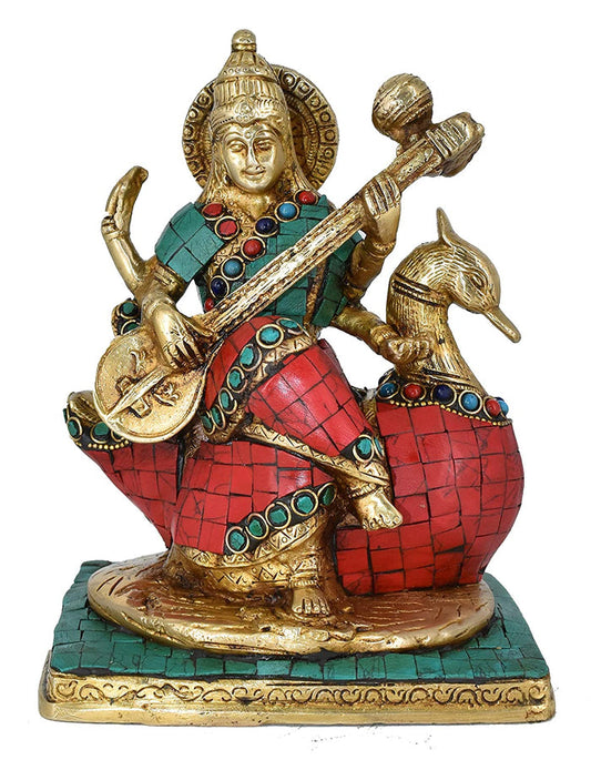 White Whale Maa Saraswati Brass Statue Religious Goddess Sculpture Idol Home Décor