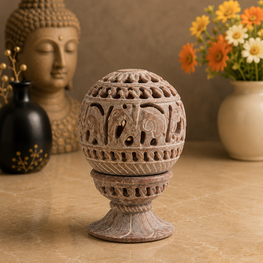 White Whale Natural Soapstone Marble Oval-Shaped Tea Light/Candle/Votive Holder/Oil Burner with Stand and Intricate Carved Foliage Mesh Work Pattern on All Sides