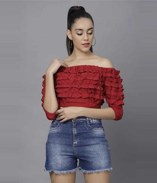 Whitewhale Casual Regular Sleeves Solid Women Maroon Top