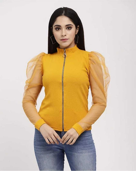 Whitewhale Casual Regular Sleeves Solid Women Mustard Top
