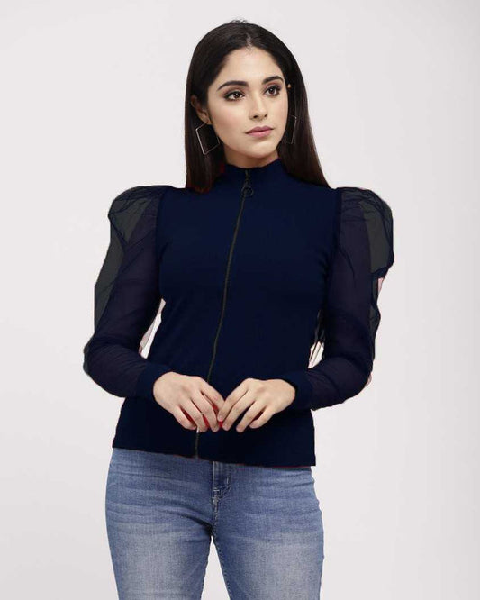 Whitewhale Casual Regular Sleeves Solid Women Navy Blue Top