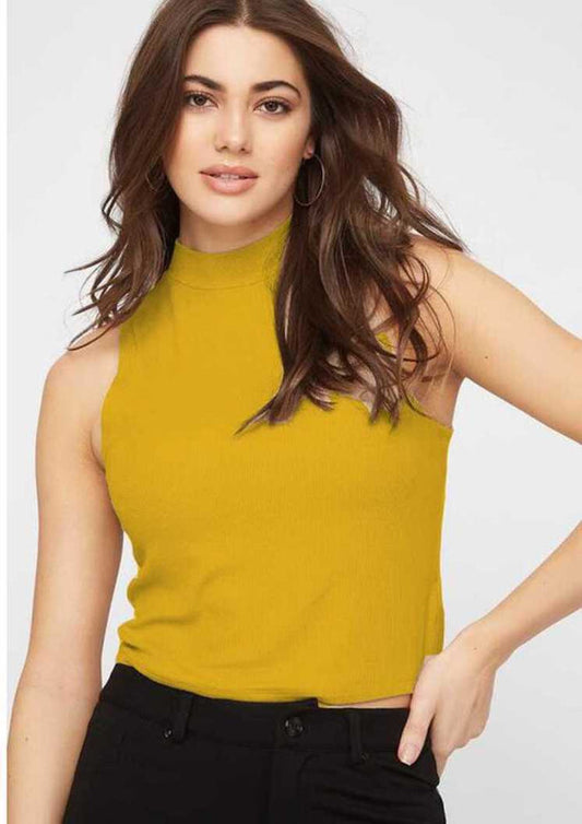 Whitewhale Casual Sleeveless Solid Women Mastard Top