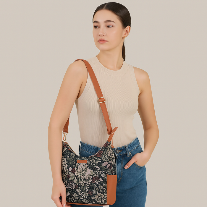 Women’s vintage tapestry vegan‑leather hobo crossbody bag for travel, office, work, and daily use — Canada & USA-model image