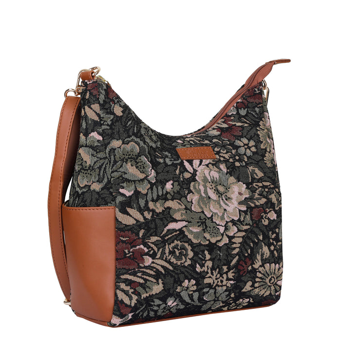 Women’s vintage tapestry vegan‑leather hobo crossbody bag for travel, office, work, and daily use — Canada & USA-half side view